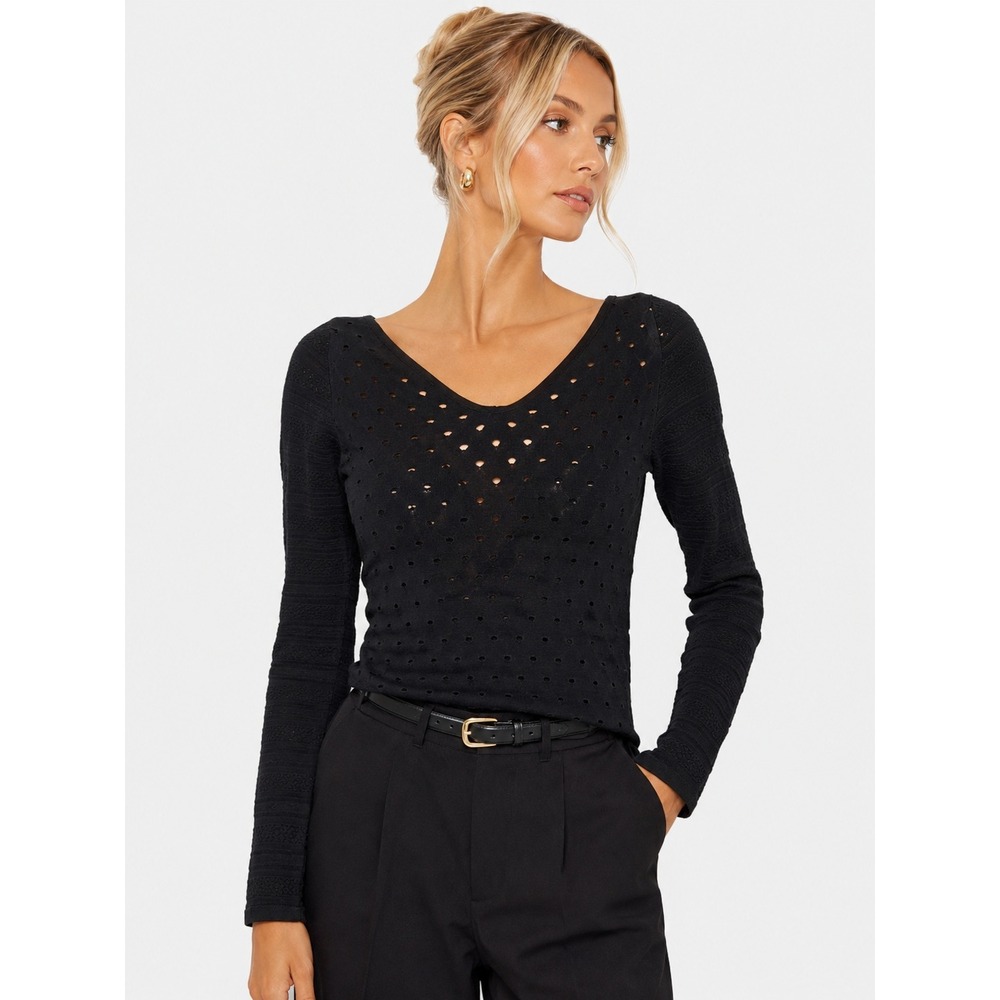 Claudie Pierlot Black Pointelle Knit Long Sleeve V-Neck Top Size 3 M